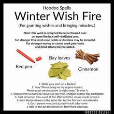 Ms Avi on Instagram: “~*~ HOODOO SPELLS: WINTER WISH FIRE ~*~ A wonderful opportunity for Christmas Eve and making Christmas wishes, this little spell works for…” Bayleaf Magic, Winter Spells, Fire Spells, Wish Spell, Witches Broom