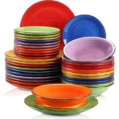 a stack of colorful plates sitting next to each other