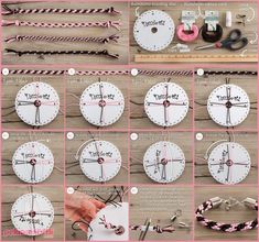 instructions to make a diy clock out of paper and yarn with scissors, pliers, and thread