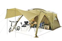 an image of a tent set up with bicycles