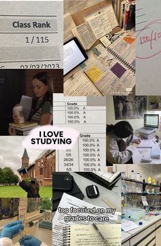 a collage of photos with the words i love studying written on them and pictures of students