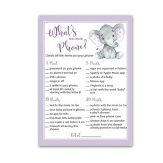 a purple elephant baby shower game with the words what's on your poem?