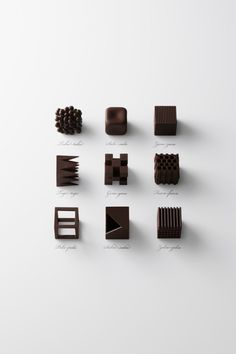 chocolates are arranged in different shapes and sizes