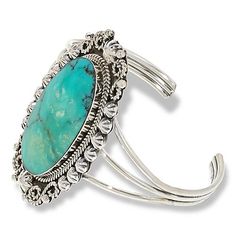 Chaco Canyon Campitos Turquoise Oval Stone Cuff Bracelet You'll always be just one bracelet away from a statement wrist when you add this cuff to your wardrobe. An exquisitely detailed design, the piece is a head-turning showcase of the ice-blue beauty of Campitos turquoise.        Approx. 6-3/4"L x 2-1/2"W; fits 6-1/4" to 7-1/4" wrist      Stamped .925 sterling silver; polished, oxidized     Triple-split top with ribbed sides; roped and stamped detailing throughout; handcrafted     Designed and Crafted in the USA   Stone Information       All sizes and weights approximate     Stabilized Campitos Turquoise: Oval (41x22mm) Oval Turquoise Cuff Bracelet As Gift, Handmade Turquoise Oval Cuff Bracelet, Adjustable Southwestern Turquoise Cuff Bracelet, Unique Oval Turquoise Cuff Bracelet, Luxury Southwestern Turquoise Cuff Bracelet, Southwestern Multi-stone Cuff Bangle Bracelet, Ireland Fashion, Unique Turquoise Nickel-free Cuff Bracelet, Holiday Storage