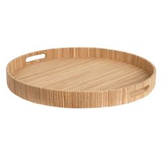 a round wooden tray with handles for serving food or drinks, on a white background