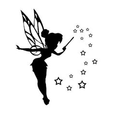 a black and white silhouette of a fairy with stars