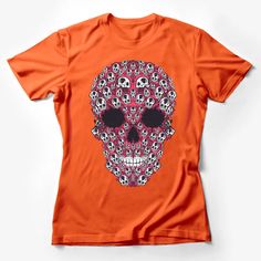 Gothic Skull Pattern T-Shirt, Pink and Black, Edgy Skull Print, Trendy Graphic Tee, Unisex Casual Wear, Soft Cotton, All Sizes Available Female T-Shirt Custom graphic T-Shirt.Customize your color Band Merch Crew Neck Top With Skull Print, Crew Neck Skull Print Band Merch Top, Crew Neck Skull Print Top Band Merch, Casual Red Skull Print Tops, Red Skull Print Top For Halloween, Red Skull Print Short Sleeve Top, Red Short Sleeve Top With Skull Print, Red Skull Print Graphic Tee, Casual Tops With Skull Graphic Design