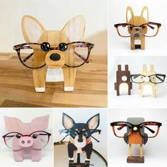 four different types of glasses are shown in the same photo, each with a dog's head and eyeglasses on it