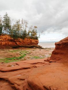 a large rock formation on the beach with trees in the background and water flowing from it