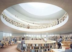 people are standing in the middle of a library