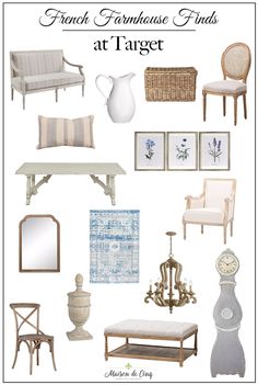 the french farmhouse finds at target are all white and beige, with blue accents on them