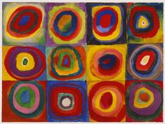 an abstract painting with many circles in different colors and sizes, including red, yellow, blue