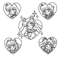 sailor girl and sailor boy in heart shaped frames with stars on the sides, black and white