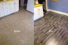 before and after photos of a kitchen floor