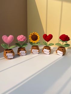 small crocheted flowers are placed in vases on a white surface with notes attached to them