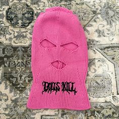 This Ski Mask Has A Ribbed Knit Construction, Embroidered Black "Dolls Kill" Logo Graphics, And Cut-Outs On The Top For Pigtails, Eyes, And Mouth. Cute Ski Mask, Pink Diamond Ski Mask, Red Ski Mask, Fur Ski Mask, Distressed Ski Mask, Pink Streetwear, Face Mask Brands, Black Dolls, Ski Mask