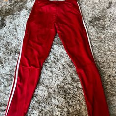 Brand New With Tags Womens Size Small Pants Red Stretch Full-length Sweatpants, Red Stretch Full Length Sweatpants, Sporty Red Full-length Sweatpants, Red Fitted Sweatpants For Athleisure, Red Sporty Pants For Loungewear, Adidas Stretch Pants With Three Stripes, Adidas Red Casual Bottoms, Red Casual Adidas Bottoms, Red Stretch Sweatpants For Sports