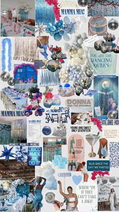 a collage of images with blue and white colors, including the words mamma mia