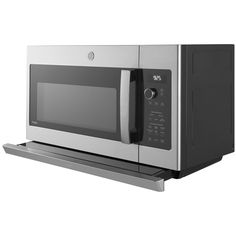 a stainless steel microwave with its door open