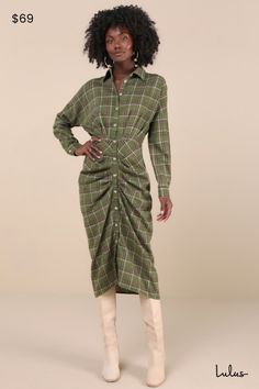 Cooler days always get us searching for the perfect fall looks, like the Lulus Seasonal Spirit Green Plaid Ruched Long Sleeve Midi Dress! Lightweight woven fabric boasts a timeless plaid pattern as it shapes long sleeves (with button cuffs) and a collared neckline. Functional button placket runs the length of the dress, across a fitted waist and a strategically ruched skirt that finishes at a midi hem. Fit: This garment fits true to size. Length: Mid-calf length. Size medium measures 47" from sh Chic Plaid Midi Dress For Fall, Chic Midi-length Plaid Dress For Fall, Midi-length Plaid Dress For Fall, Plaid Midi Length Dress For Daywear, Plaid Midi Dress For Daywear, Ruched Skirt, Dresses Xxl, Sleeve Midi Dress, Long Sleeve Midi