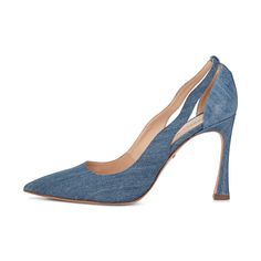 Meet 'Jean' our pointed toe pumps with a wavy slingback detail, and part of our exclusive denim capsule collection. She features a spacious toe box and double padded insole for increased comfort. She's flattering, sexy and timeless! 95 mm (3.7 inches) Runs true to size Leather treated to look like denim Leather lining Double padded leather insole Made In Italy Jeans Pumps, Girly Shoes, Boot Pumps, Capsule Collection, Dress Codes, Denim Fashion, Blue Brown, Everyday Essentials Products, To Look