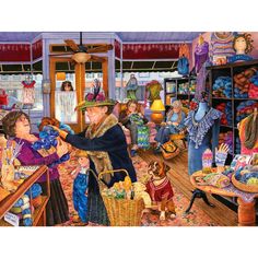 a painting of people shopping in a store with many items on the shelves and one woman holding a stuffed animal