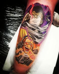 a man with a tattoo on his arm that has an image of two different characters