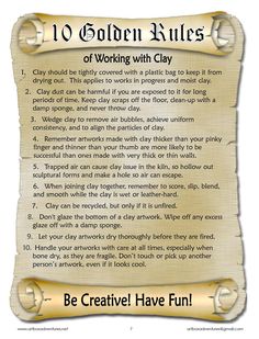 an old scroll with the words 10 golden rules for working with clay on it and some writing