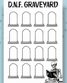 a poster with an image of a skeleton sitting in front of tombstones and holding a book