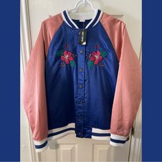 - New With Tags Hot Topic Lilo And Stitch Bomber Jacket Xl - If You’re In The Austin Area You Can Come By And Try It On Before Buying - Dm For Any Questions Trendy Pink Embroidered Outerwear, Spring Pink Outerwear With Floral Embroidery, Pink Floral Embroidered Outerwear For Spring, Casual Pink Outerwear With Floral Embroidery, Casual Pink Embroidered Outerwear, Pink Embroidered Casual Outerwear, Bomber Jackets, Lilo And Stitch, Try It