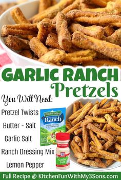 the advertisement for garlic ranch pretzels is displayed in front of a plate of chicken sticks