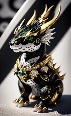 a black and gold dragon figurine sitting on top of a table