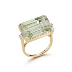 14kt East West Green Amethyst Ring Bold and beautiful in its design, this green amethyst ring is an elevated and modern way to wear gemstones. The special hand cut emerald shaped green amethyst is skillfully set in a solid gold structure and accented with brilliant diamonds on each side of the ring. Mateo believe simplicity is the ultimate sophistication and this ring is a true example of that. 14kt Yellow Gold 3.63gm Gold 18 x 13mm Green Amethyst 0.06ct diamonds Made in New York Amethyst Set, Candy Pop, Green Amethyst Ring, Generation Z, Nova York, Green Amethyst, East West, Brilliant Diamond, Amethyst Ring