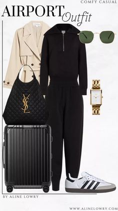 Airport outfit Idea - black sweater set, long trench coat, travel outfit