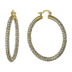 Features: Nickel FreeEarring Back: HingedStone: CrystalStone Cut: RoundMetal Color: YellowEarring Length: 28.5mmEarring Width: 4.1mmMetal: 24k Gold Over BrassCare: Wipe CleanStone Type: 320 CrystalCountry of Origin: Imported Gold Metal Hoop Earrings With Bling, Gold Hoop Jewelry With Bling, Gold Hoop Earrings With Bling For Anniversary, Gold Bling Hoop Jewelry, Gold Bling Hoop Earrings For Anniversary, Gold Bling Hoop Earrings, Gold Small Hoop Earrings With Bling, Round Hoop Earrings With Bling For Anniversary, Round Bling Hoop Earrings For Anniversary