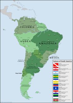 a map of south america with all the major cities and their respective flags on it