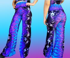 "Have all eyes on you at your next festival with these super psychedelic cotton flare pants featuring my digital artwork design I titled \"Frosted Fractal\" THIS LISTING IS FOR THE PANTS ONLY PLEASE UNDERSTAND THESE PANTS ARE MADE TO ORDER BY THE CLOTHING MANUFACTURER I USE! I design the artwork and the placement on the clothing myself, but I do not sew as I am a full time artist and spend most of my time painting and designing. I do not currently have the room to keep multiple sizes of clothing Hippie Fitted Bottoms For Music Festival, Fitted Hippie Bottoms For Music Festival, Summer Stretch Blue Flares, Blue Stretch Flares For Summer, Blue Stretch Rave Bottoms, Purple Rave Festival Bottoms, Fitted Rave Style Bottoms For Music Festival, Fitted Rave Bottoms For Music Festival, Fitted Blue Rave Bottoms