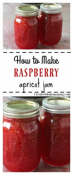 how to make raspberry apricot jam in jars with text overlay