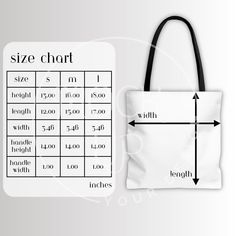 AOP Tote Bag Size Chart  This is a digital product. No physical items will be sent. Once purchased, you will receive a link for download. This listing includes: ✔️ 1 high-resolution digital image (instant download) ✔️ The image you receive will be the same as the listing photo (but with blank tote bag image, free of branding and watermarks, so you can easily place your designs). The whole shop bundle is available here: https://etsy.me/40cy5Re For placing the design on the tote bag we recommend you to use: Adobe Photoshop, Photoshop Elements, Canva or any other tool. Follow us on IG @opalnomad for order sneak peeks, exclusive discount codes, and behind-the-scenes! Customizable Large Bags For Daily Use, Customizable Black Rectangular Bag, Functional White Bag, Customizable White Rectangular Shoulder Bag, Functional White Bags For Gifts, Functional White Bag For Gift, Functional White Gift Bag, Tote Bag Size Chart, Bag Size Chart