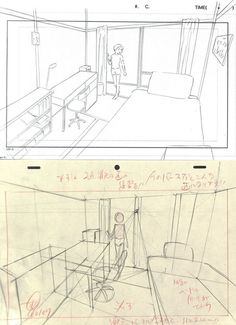 two drawings of the interior and outside of a room in an apartment building, with one person standing