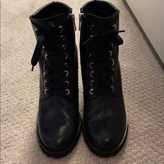 Black Leather Lace Up Boots With Side Zipper. Easy On And Off And Very Comfortable. Like New Barney’s New York, Black Combat Boots, Leather Lace Up Boots, Barneys New York, Moto Boots, Leather Lace, Lace Up Boots, Leather And Lace, Side Zipper