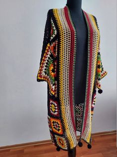 Granny Square Long Crochet Cardigan Bohemian Summer Jacket - Etsy Tailândia Black Bohemian Long Outerwear, Black Long Bohemian Outerwear, Bohemian Long Multicolor Cardigan, Bohemian Black Patchwork Outerwear, Black Bohemian Patchwork Outerwear, Bohemian Black Outerwear With Patchwork, Black Bohemian Long Sleeve Cardigan, Handmade Long Bohemian Outerwear, Multicolor Long Folk Outerwear