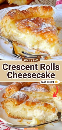 cheesecake on a white plate with the words crescent rolls cheesecake in front of it