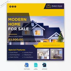 a flyer for a home sale with a house in the foreground and yellow accents