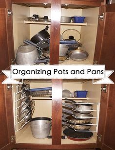 an organized kitchen cabinet with pots and pans in the bottom shelf, labeled organizing pots and pans