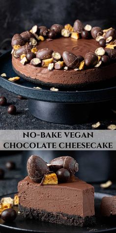 no - bake vegan chocolate cheesecake on a black plate with the title above it