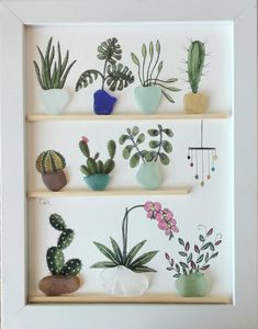 a white frame with some plants and rocks in it on the wall next to a shelf