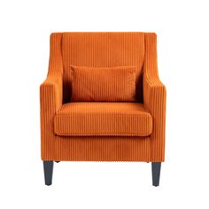 an orange chair sitting on top of a white floor