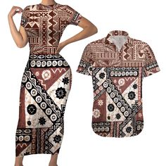 Bula Fiji Couples Matching Short Sleeve Bodycon Dress and Hawaiian Shirt Unique Masi Tapa Pattern LT14 Brown - Polynesian Pride Short Sleeve Bodycon Dress, Sleeve Bodycon Dress, Couples Matching, Matching Couples, Button Shirt, Stylish Shirts, Summer Shirts, Hawaiian Shirt, Fashion Store