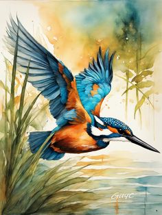 a painting of a blue and orange bird flying over water with reeds in the foreground